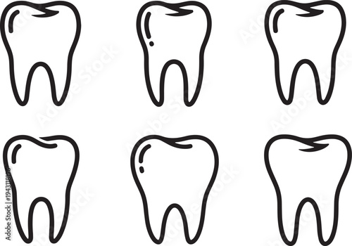A set of six vector line art tooth silhouettes in a simple black and white illustration style