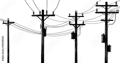 Electric utility poles with power lines and transformers silhouettes isolated on white background electricity distribution infrastructure vector illustration