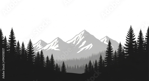 Mountain Landscape with Silhouetted Trees.