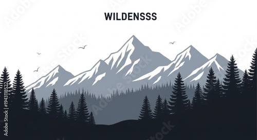 Mountain Landscape with Silhouetted Trees.