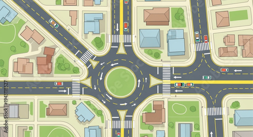 Aerial View of a City Roundabout with Traffic.