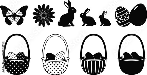 Easter silhouette icons set with bunny rabbits butterfly flower baskets and decorated eggs cad drawing flat vector illustration black silhouettes.