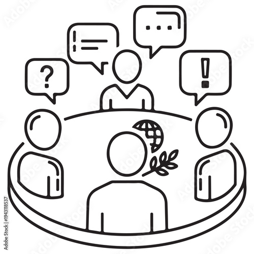 Minimalist line art illustration of four business people sitting at a round table having a global diplomatic negotiation with speech bubbles and an olive branch in a clean vector style.