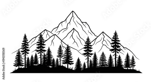 Mountain Landscape with Silhouetted Trees.