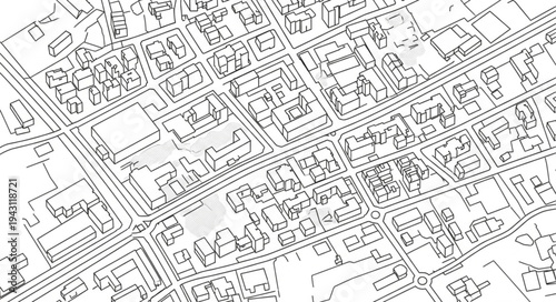 Detailed aerial sketch of a city neighborhood with buildings and streets.