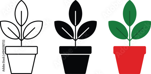 Potted plant icon collection vector illustration, outline silhouette and colored houseplant symbols, botanical eco design element, isolated background