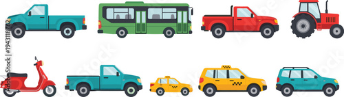 Urban transport vehicles set including bus taxi pickup tractor scooter and cars flat vector illustration collection isolated on background