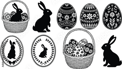 Easter silhouette set with bunny rabbits wicker baskets decorated floral eggs and laurel wreaths cad drawing flat vector illustration black.