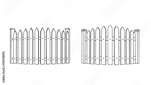 Black and white line art drawings of two different sections of wooden garden fences with pointed posts and horizontal rails.