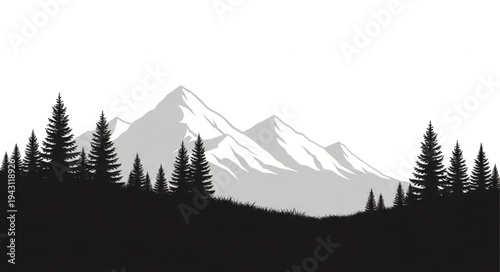 Mountain Landscape with Silhouetted Trees.