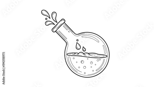 Black and white line art illustration of a round bottom chemistry flask with bubbling liquid and drops splashing out of it.