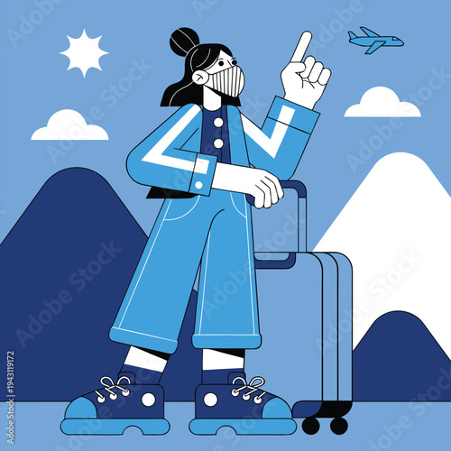Travel During Pandemic Woman with Mask, Airplane, Suitcase, Vector Illustration