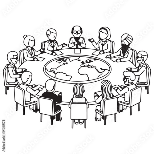 Diverse group of international business leaders and delegates collaborating around a circular world map table in a minimalist black and white vector line art illustration style.