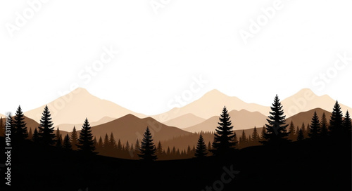 Mountain Landscape with Silhouetted Trees.