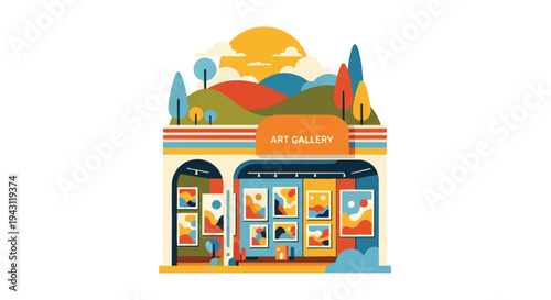 Art gallery building with colorful landscape illustration
