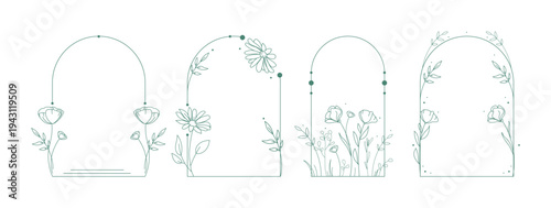 Minimal botanical arch frame set with delicate wildflowers leaves and floral line elegant decorative frames for wedding invitations branding logo packaging stationery social media.Vector illustration