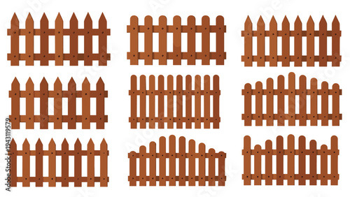 Large collection of nine different types of brown wooden garden fences with various shapes and post designs in rows.