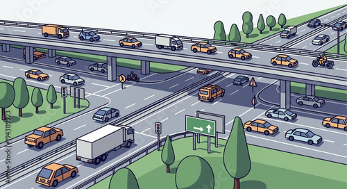 Busy Highway Intersection with Cars and Trucks on Overpass.