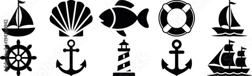 marine nautical icon set anchor ship lighthouse sea symbols, ocean sailing and maritime silhouette vector icon collection, nautical navigation sea travel symbol graphic pack