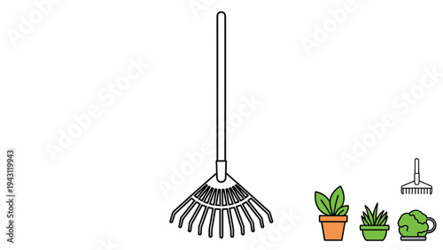 Collection of various garden-themed icons including a large rake, three different potted plants, and a small handheld rake.