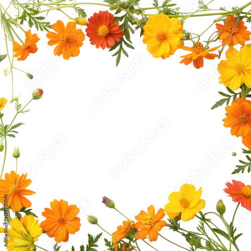 Autumn flowers arranged in a circular pattern with green leaves