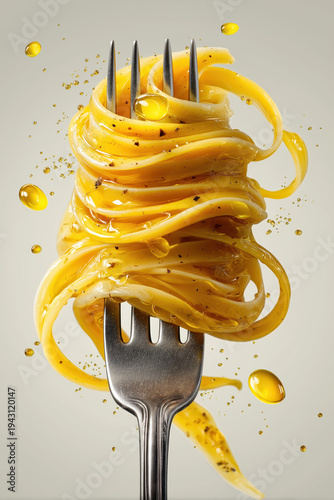 Floating spaghetti twirled on fork with glossy olive oil texture, minimal white background food concept