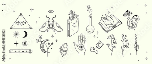 Mystical line art icon set with occult symbols and botanical elements in minimal boho style illustration for spiritual or witchcraft themes for tattoo design logo sticker poster print packaging.Vector