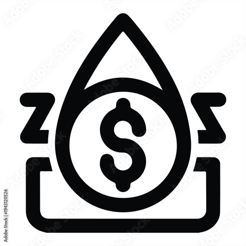 A black and white icon of a droplet with a dollar sign inside, symbolizing the cost of oil or fuel.