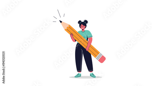 Young woman smiling while carrying a massive yellow pencil, representing creativity, education, and artistic inspiration in flat style.