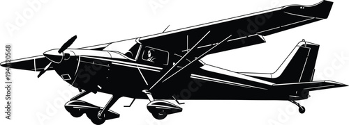 Black and white of a small airplane with a single propeller and a person in the cockpit small plane