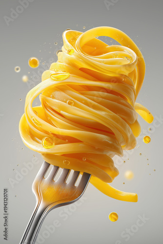 Floating spaghetti twirled on fork with glossy olive oil texture, minimal white background food concept