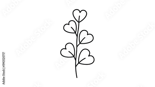 Minimalist botanical line art of a delicate branch with leaves shaped like hearts, perfect for romantic and eco-friendly design themes.