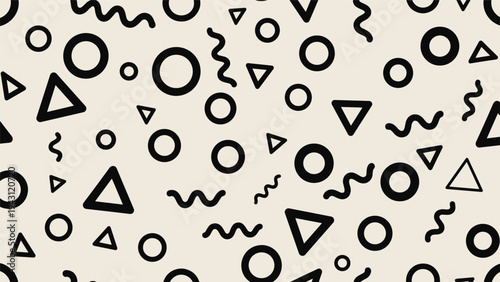 Seamless geometric pattern featuring black circles, triangles, and wavy lines scattered on a neutral background, creating a playful look.