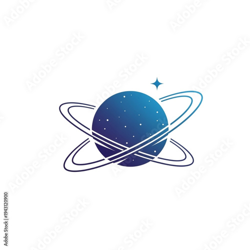 Blue Planet with Rings and Star Illustration.