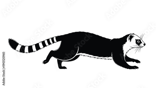 Black and white stylized illustration of a sleek ferret running, capturing the movement and agility of the animal in a simple graphic form.