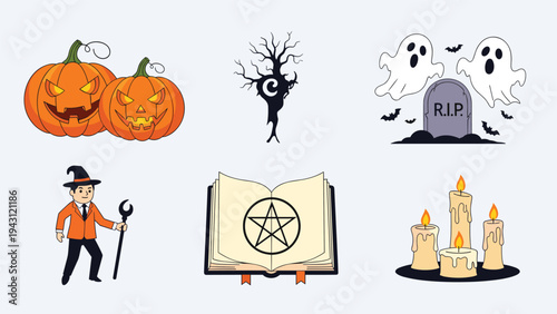 Collection of spooky Halloween icons including carved pumpkins, a ghost with a gravestone, a wizard, an occult book, and lit candles.