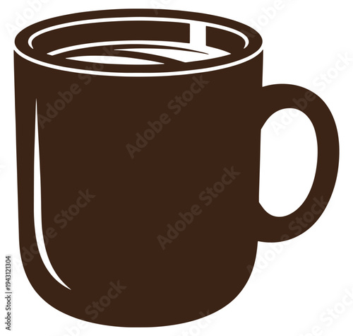 brown coffee mug with handle on right side filled with liquid on white background