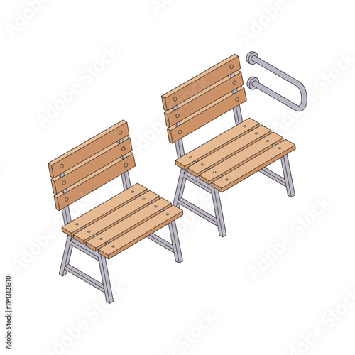 A wooden bench with metal frame and armrest for disabled people