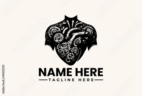 A black and white illustration of a shield with intricate designs and a bird, accompanied by placeholder text for a name and tagline on a plain background, featuring a logo, vector,
