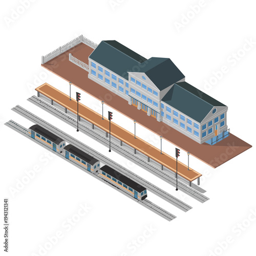 Train station isometric illustration with a train on the tracks