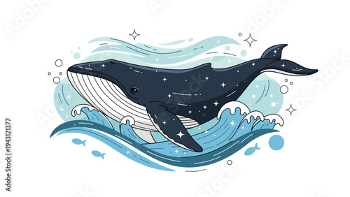 Majestic blue whale breaching the ocean waves under a starry sky, decorated with celestial sparkles for a magical and serene atmosphere.