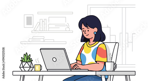 Young woman focused on her laptop, working from a bright and modern home office setup, embodying productivity and a comfortable remote work lifestyle
