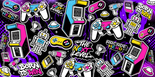 Gaming background vector and illustrations. Retro video game elements in graffiti style with neon colors.