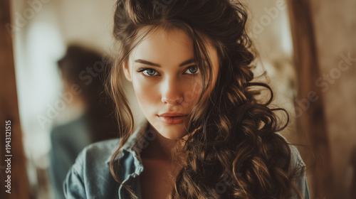 Beautiful woman portrait: Captivating gaze and soft lighting creates an elegant atmosphere. The woman's long hair enhances the soft and warm tone, a beauty portrait
