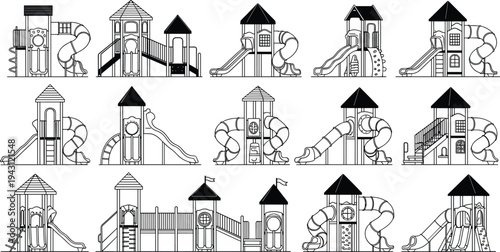 Playground equipment set with kids slides play houses climbing frames and outdoor park elements cad drawing flat vector illustration black.