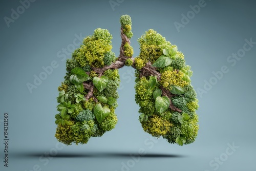 Green lungs formed by lush plants and tree branches, clean air concept on isolated background