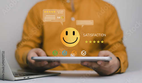 Konstfotografi Customer satisfaction feedback concept with smiley rating icon and five star review on tablet