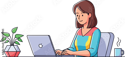 Smiling young woman working remotely on her laptop from a cozy home office setup, embracing the modern digital lifestyle with focus and efficiency