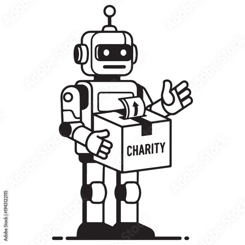 Line Art Robot Holding Charity Donation Box with Arrow