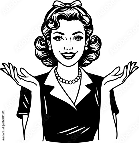 Retro woman shrugging hands up vintage 1950s silhouette